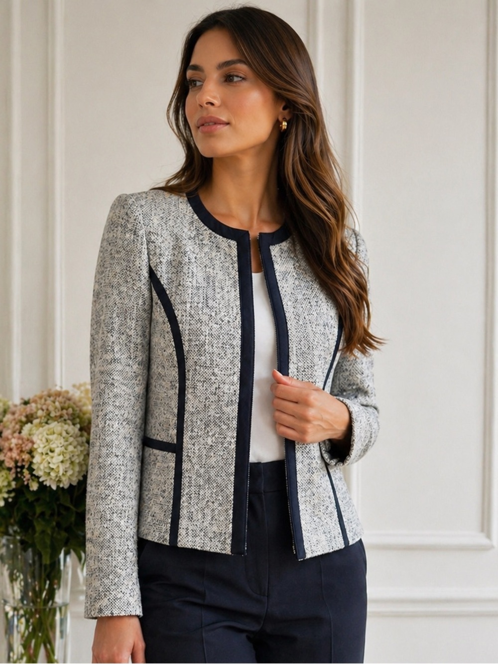 J.Crew Tweed Jacket Blazer Navy Trim Structured Chic Size 2